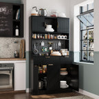 73" Tall Modern Kitchen Pantry Cabinet, Kitchen Hutch Bar Cabinet with Charging Station & DIY Pegboard, Wooden Storage Cabinets with Fluted Doors & Microwave Stand, Cupboard for Dining Room, Black