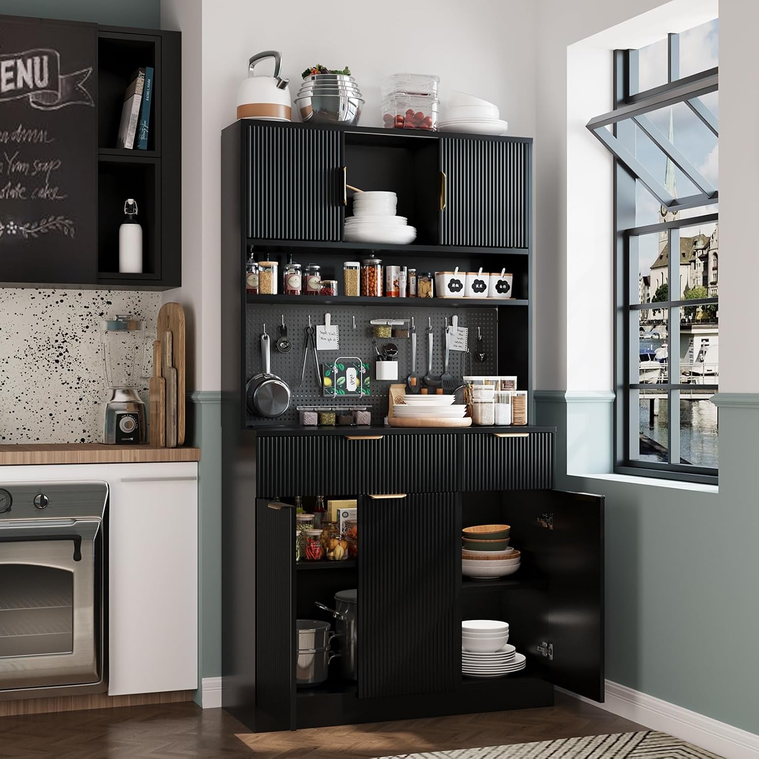 73" Tall Modern Kitchen Pantry Cabinet, Kitchen Hutch Bar Cabinet with Charging Station & DIY Pegboard, Wooden Storage Cabinets with Fluted Doors & Microwave Stand, Cupboard for Dining Room, Black