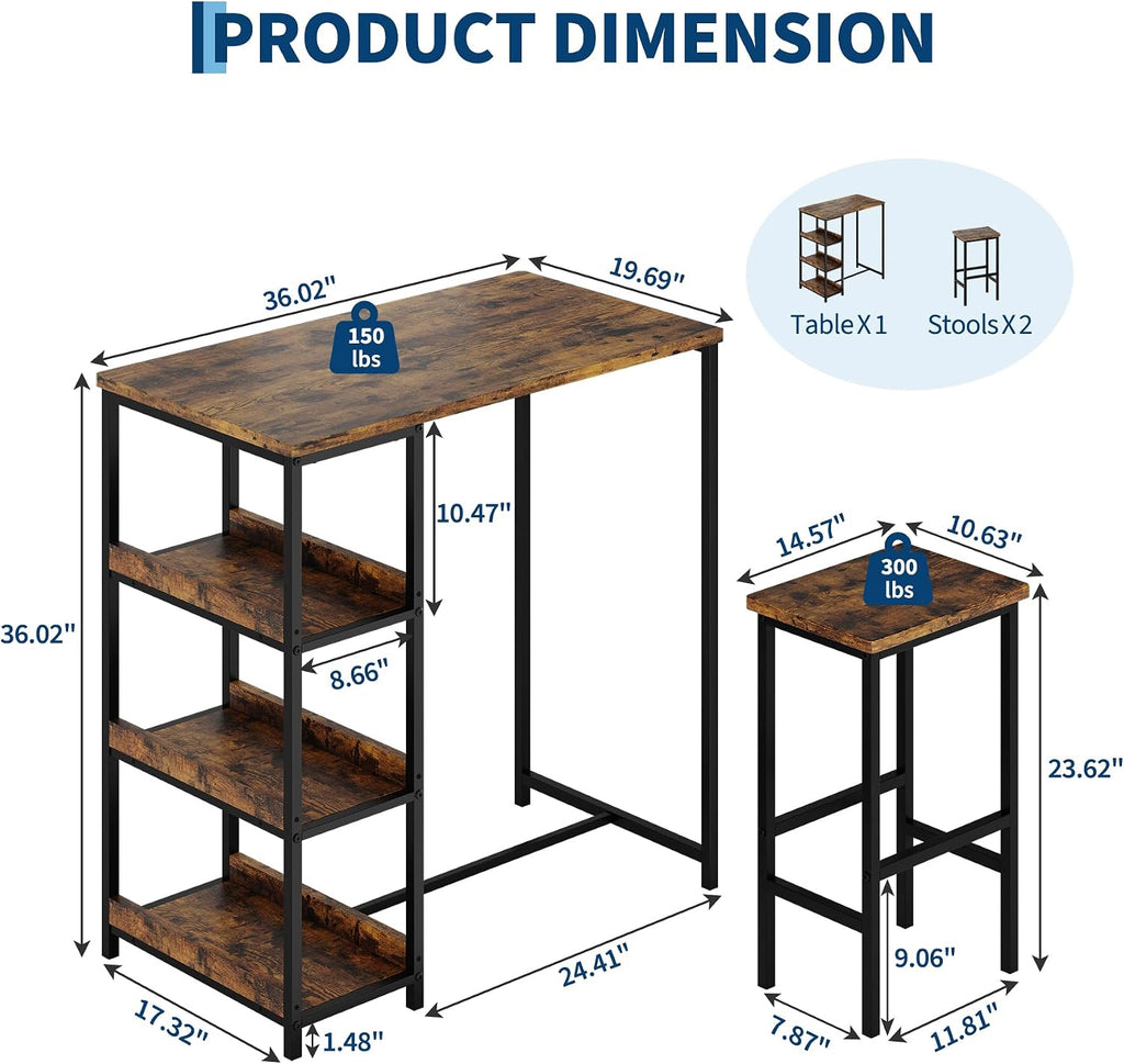 GarveeHome 3-Piece Kitchen Table Set with Storage Shelves & 2 Bar Stools - Iron and Wood Dining Table for Small Spaces, Apartments, Condos, Rustic Brown