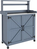 Outsunny Potting Bench, Outdoor Wooden Potting Table with Storage Cabinet with 2 Shelves, Garden Work Bench with Galvanized Plated Tabletop for Backyard, Balcony, Gray