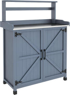 Outsunny Potting Bench, Outdoor Wooden Potting Table with Storage Cabinet with 2 Shelves, Garden Work Bench with Galvanized Plated Tabletop for Backyard, Balcony, Gray