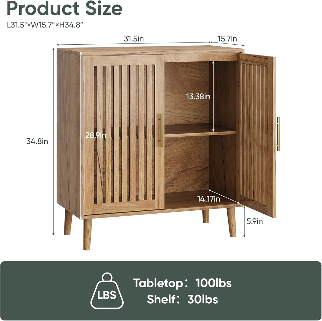 Smart FENDEE Sideboard Cabinet, 31.5" W Farmhouse Buffet Cabinet with Slatted Doors & Adjustable Shelf, Wooden Coffee Bar Storage Station for Kitchen, Dining Room, Living Room, Entryway, Natural