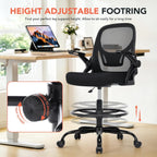 Drafting Chair, Tall Office Chair with Adjustable Footrest Ring, Standing Desk Chair with Flip-Up Armrests, Breathable Mesh High Desk Chair for Counter Height Desk, Black