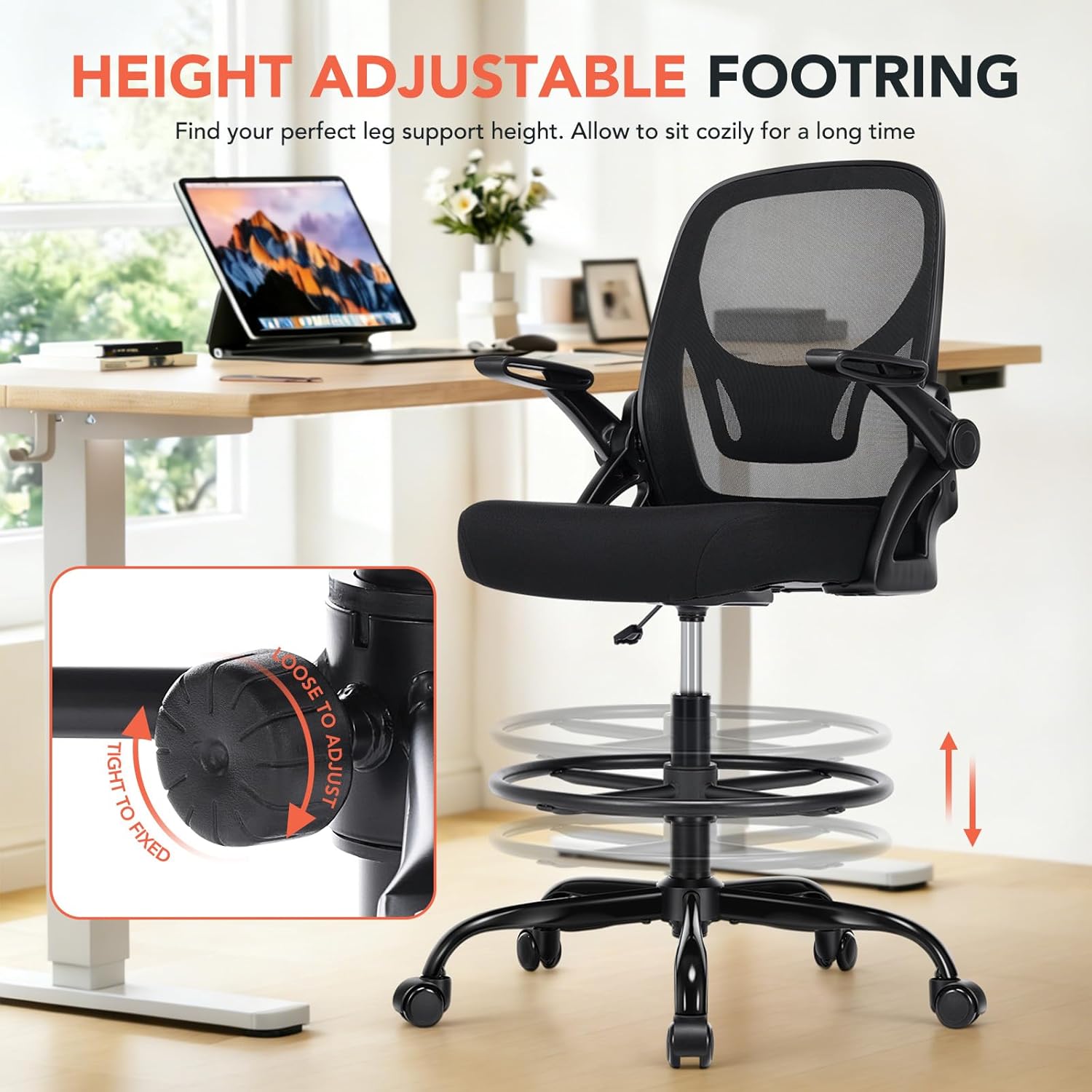 Drafting Chair, Tall Office Chair with Adjustable Footrest Ring, Standing Desk Chair with Flip-Up Armrests, Breathable Mesh High Desk Chair for Counter Height Desk, Black