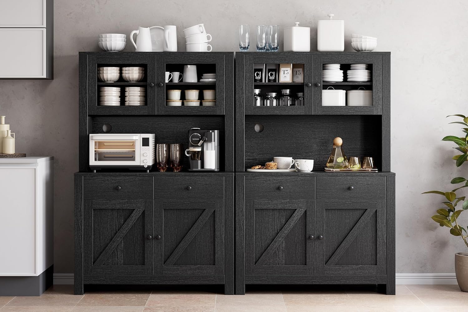 Kitchen Storage Cabinet, Pantry Cabinet with Microwave Stand & Coffee Bar, Freestanding Storage Hutch with 4 Doors & Adjustable Shelves, Multi-Functional Organizer for Kitchen, Dining Room, Black