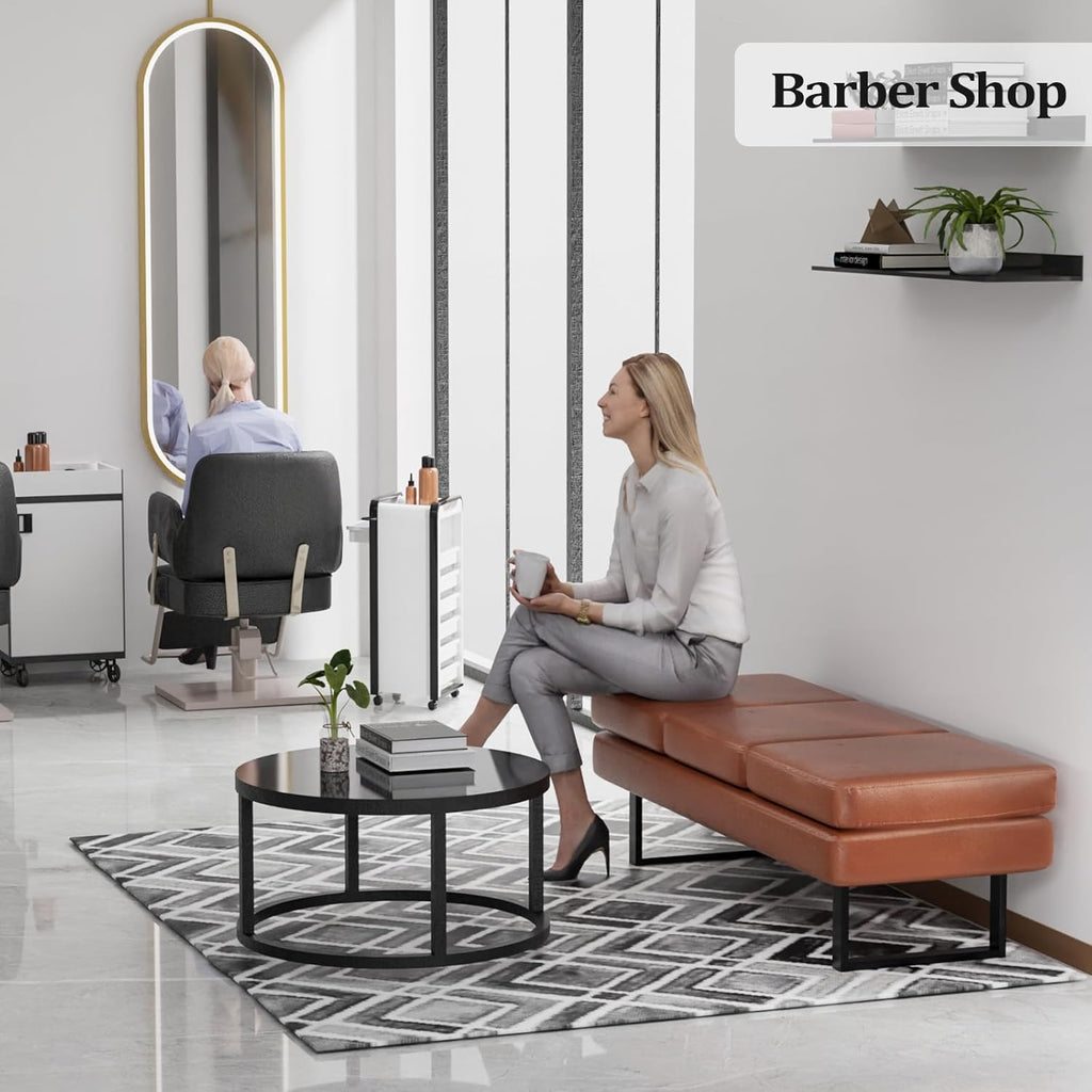 Waiting Room Bench Seating, Salon Reception Chairs 3 Seats Upholstered, 59.5''Heavy Duty Guest Lobby Chairs, Faux Leather Settee, Office Beauty Barbershop Furniture, Cognac