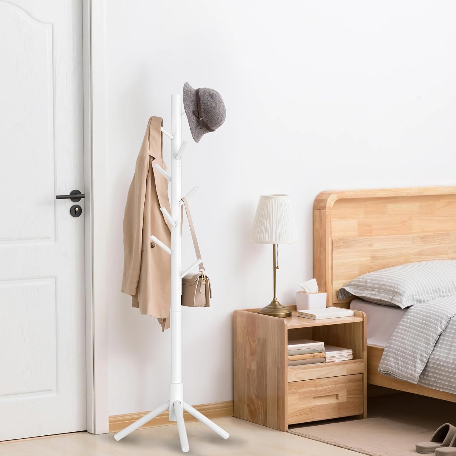 Aliphon Wooden Coat Rack Stand, Freestanding Coat Rack with 8 Hooks, 3 Adjustable Size Coat Tree for Hats, Coats, Scarves bags, Coat Hanger Stand Used in Bedroom/Office/Entryway （White）