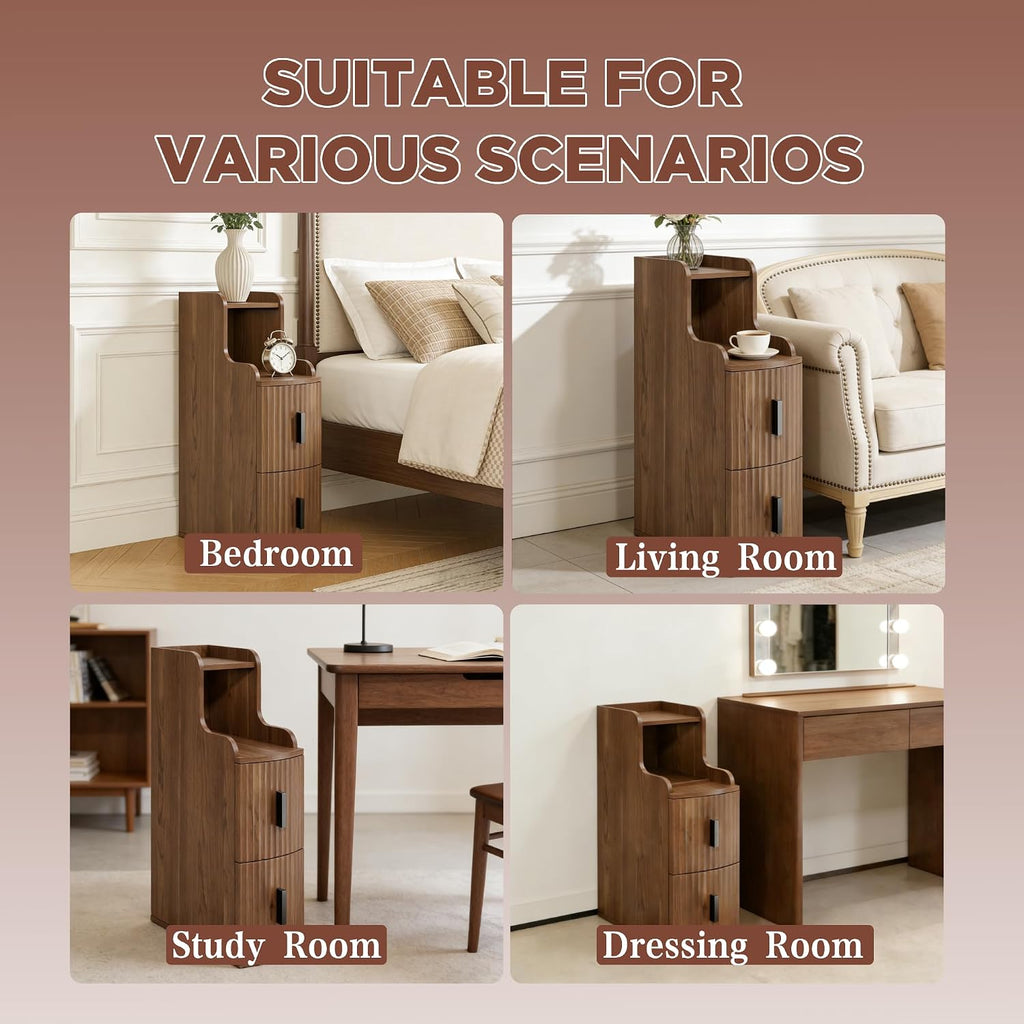 Narrow End Tables Set of 2 with 2 Storage Drawers for Living Room Office Slim Side Tables Small Nightstands Modern Beside Tables for Sofa Bedroom Small Spaces (2, Walnut)