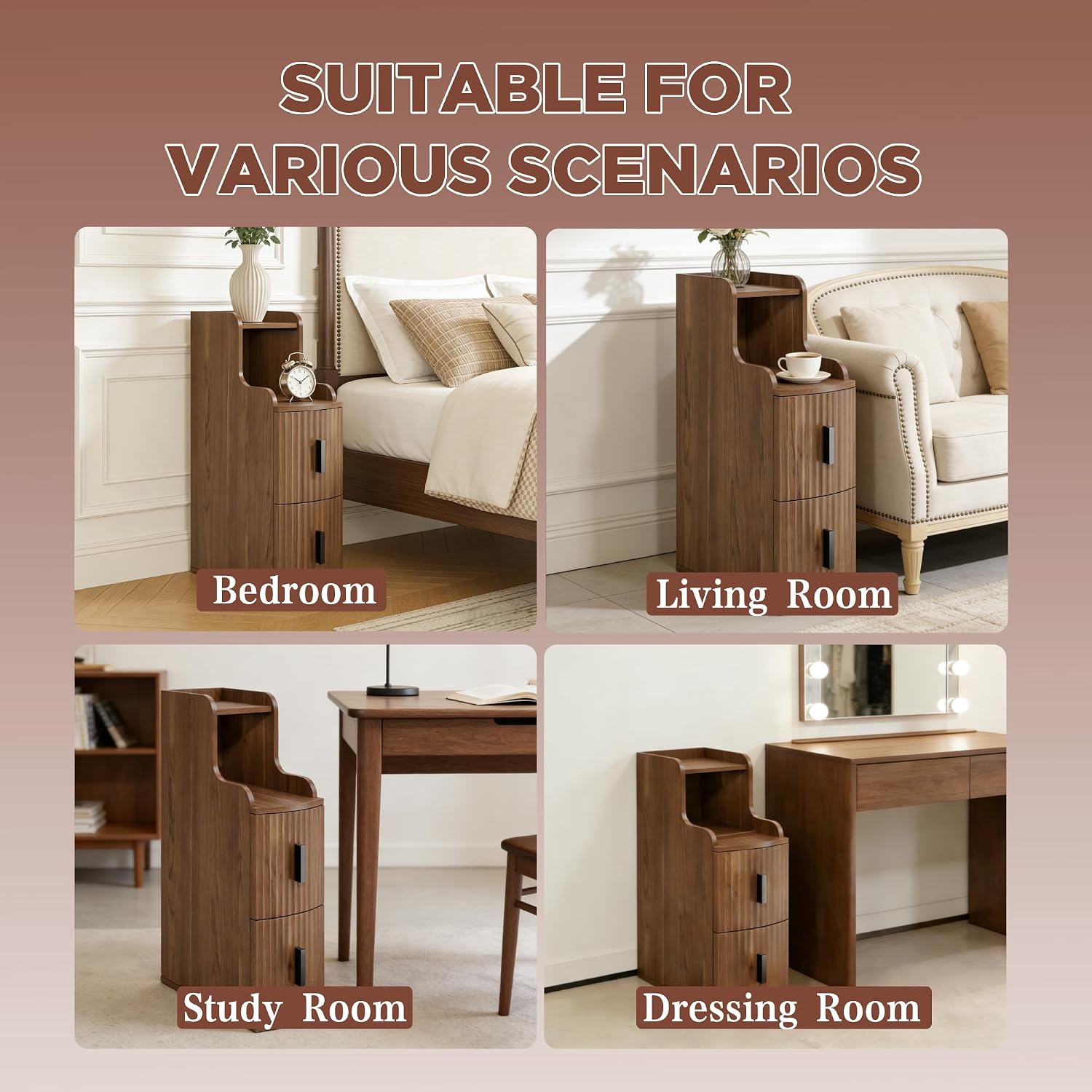 Narrow End Tables Set of 2 with 2 Storage Drawers for Living Room Office Slim Side Tables Small Nightstands Modern Beside Tables for Sofa Bedroom Small Spaces (2, Walnut)