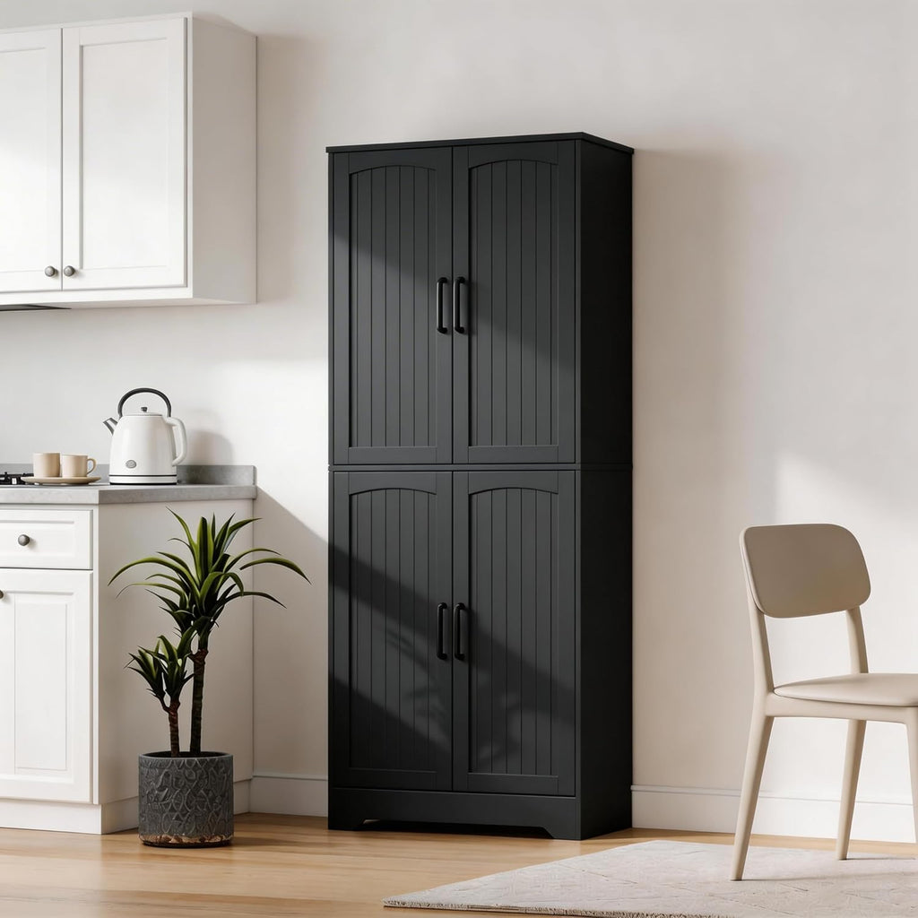 Farmhouse Pantry Cabinet, 71" Tall Wood Kitchen Storage Cabinet with 4 Doors & Adjustable Shelves, Large Freestanding Food Pantry Cupboard with Anti-Tip Kit for Kitchen, Dining Room, Living Room