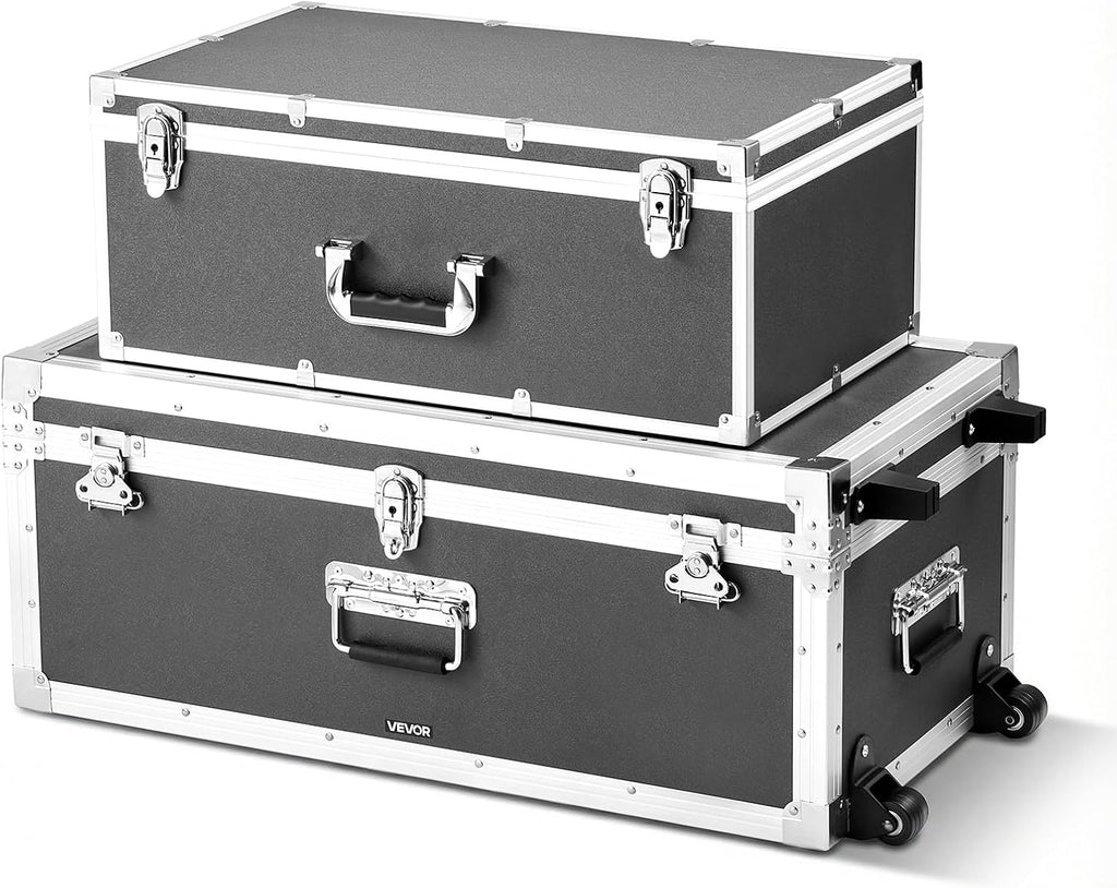 VEVOR Storage Trunk, Set of 2, Wooden Suitcase Storage Boxes with Padlocks, Large Trunk Includes Casters and 3 Metal Handles, Decorative Store Chest with Lids for Travel, Apartment, Dorm, Gray