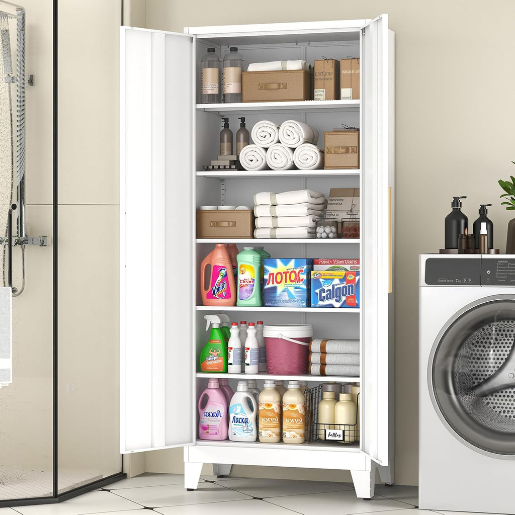 75.3" Tall Metal Kitchen Pantry Storage Cabinet with 5 Adjustable Shelves & 2 Doors, Large Freestanding Organizer Cabinet for Kitchen, Bathroom,Diningroom（White）