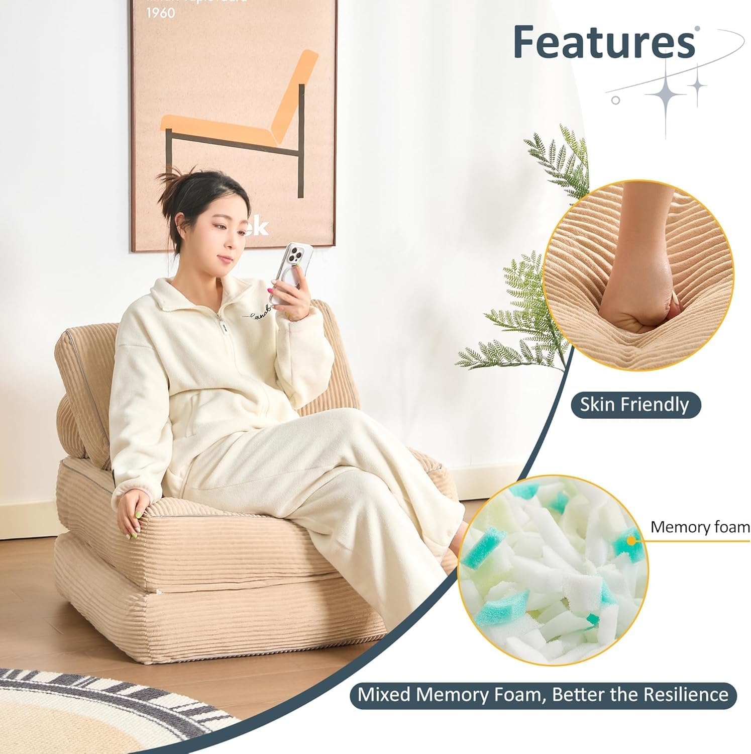 Convertible Folding Sofa Bed with backrest, Removable Washable Covering - Designed for Adults, Children, Leisure Areas, Ultra-Soft Filling Material, Corduroy(Camel)