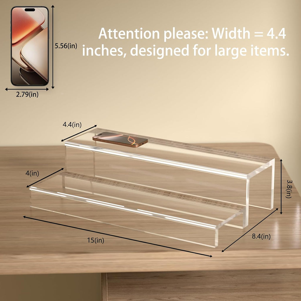 JUESHA 2 Tiers Bar Shelves for Liquor Bottles, 15" Bar Organizer for Countertop, Clear Acrylic Risers Display Racks Stands for Figures Pops Cupcake Perfume Collections (Patent: D1076520S)