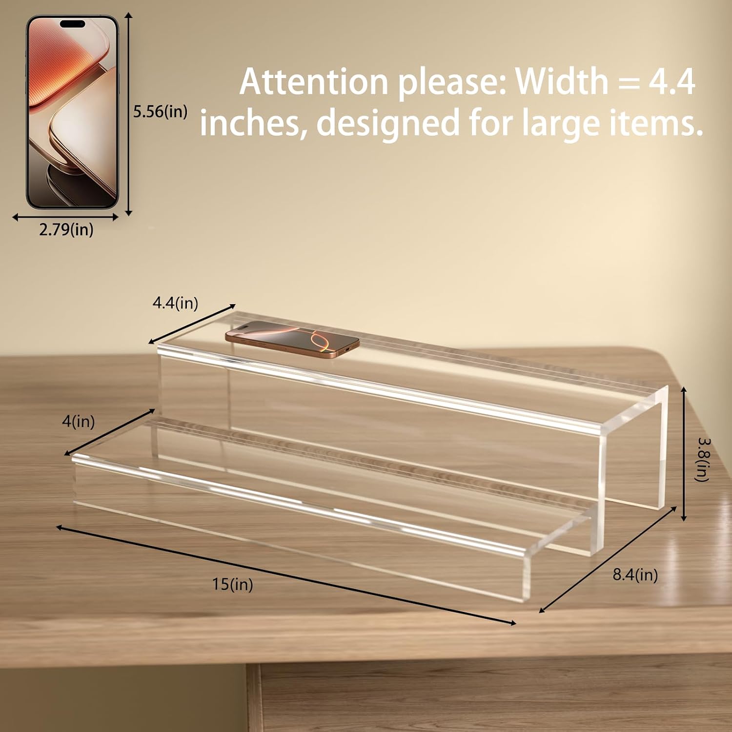 JUESHA 2 Tiers Bar Shelves for Liquor Bottles, 15" Bar Organizer for Countertop, Clear Acrylic Risers Display Racks Stands for Figures Pops Cupcake Perfume Collections (Patent: D1076520S)