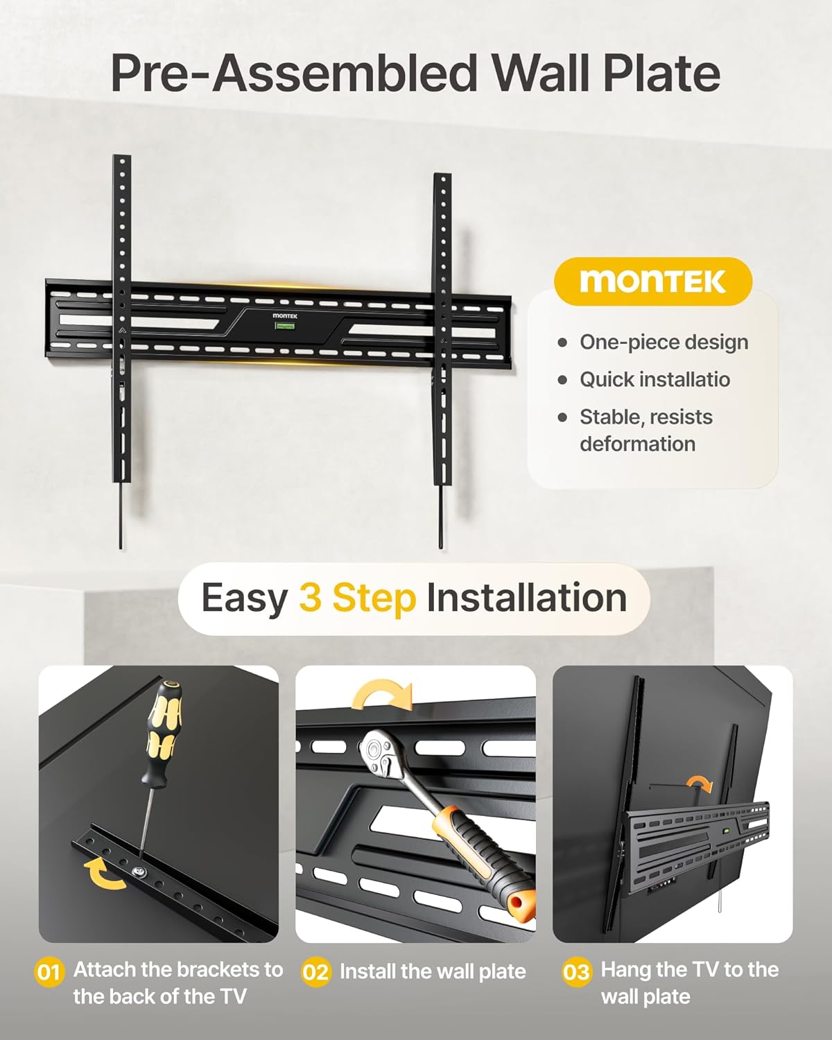 monTEK Heavy Duty Fixed TV Wall Mount for 50-100 Inch Large TVs up to 200 lbs, 4X Safety Tested, TV Mount Bracket for Home Theater & Commercial Use, Fits 16"/18"/24" Wood Studs, Max VESA 900x600mm