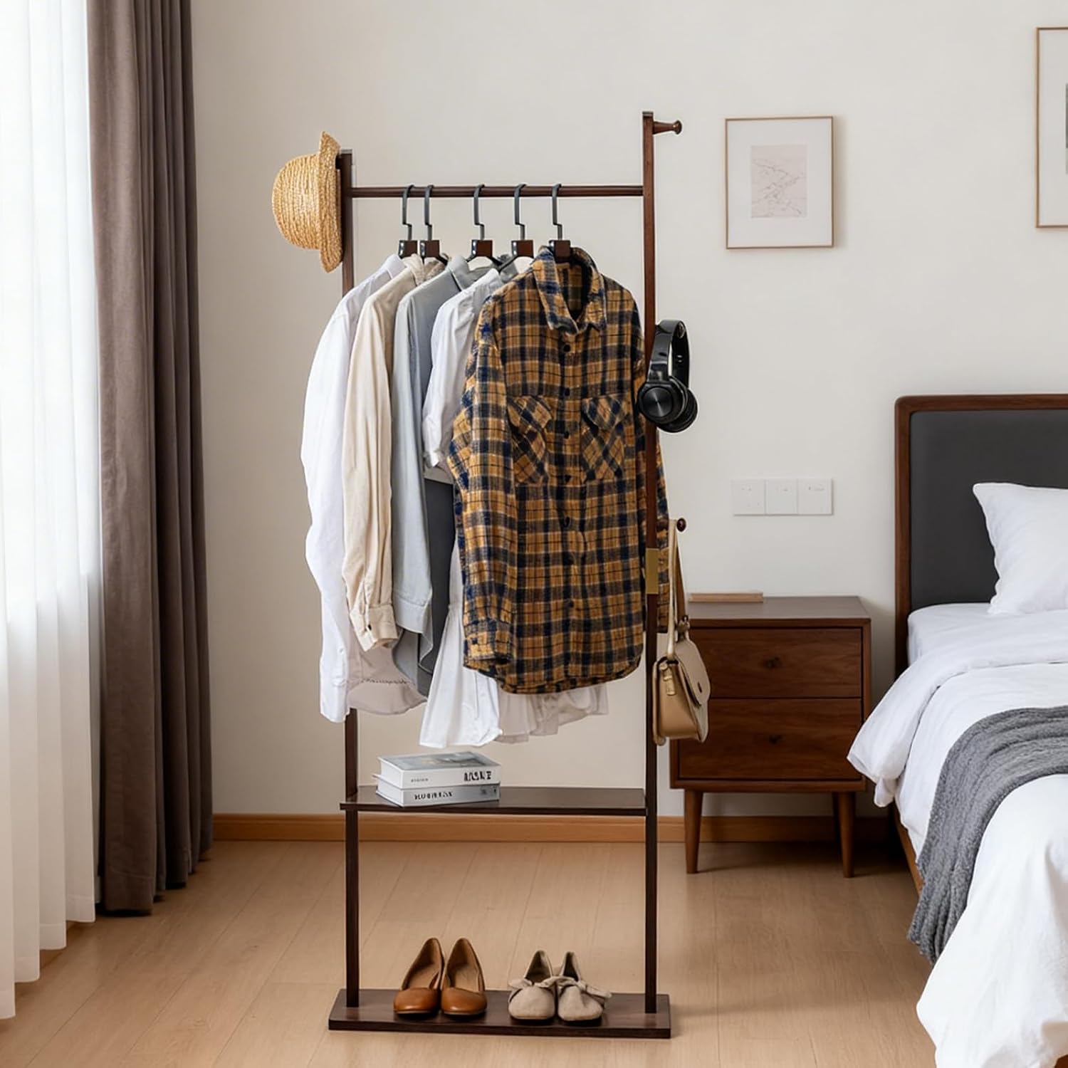 SOBIBO Clothes Rack Solid Wood Coat Rack with Shelves and Hooks – Garment Clothing Rack Coat Rack with Storage for Hallway, Bedroom, Living Room, 23.6 inch, Walnut