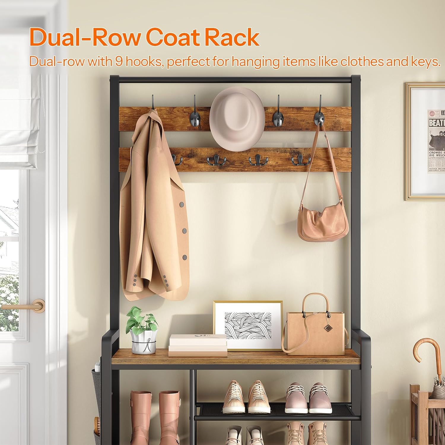 HOOBRO Hall Tree with Bench, Shoe Rack with Coat Rack, 39.4" Coat Rack with Shoe Storage, 5 Tier Shoe Storage Organizer, Oxford Fabric Side Pockets, Coat and Shoe Rack Entryway, Rustic Brown BF46MT01