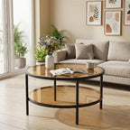 DIYART 29.5" Round Glass Coffee Table, 2-Tier Modern Amber Glass & Metal End Table for Living Room, Mid Century Accent Table with Lower Shelf, 29.5" D x 16.5" H