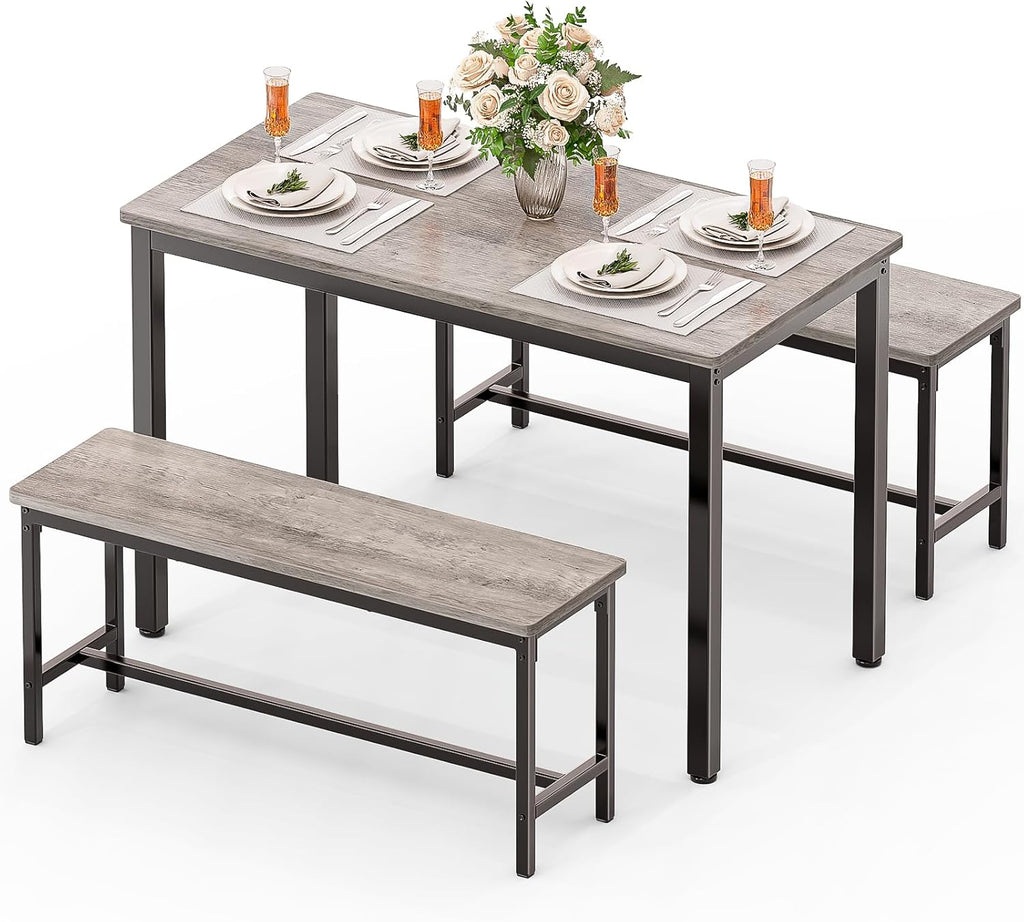 Dining Table Set for 4, Kitchen Table with 2 Benchs, Modern Functional 3-Piece Dining Room Table for Apartment Breakfast Nook and Samll Space, Grey