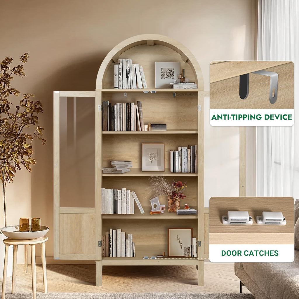 Arched Storage Cabinet with 2 Doors and 5-Tier Shelves for Living Room, 71" Tall Wooden Pantry Cabinet for Dining Room and Kitchen, Floor Bathroom Organizer, Natural Wood Color