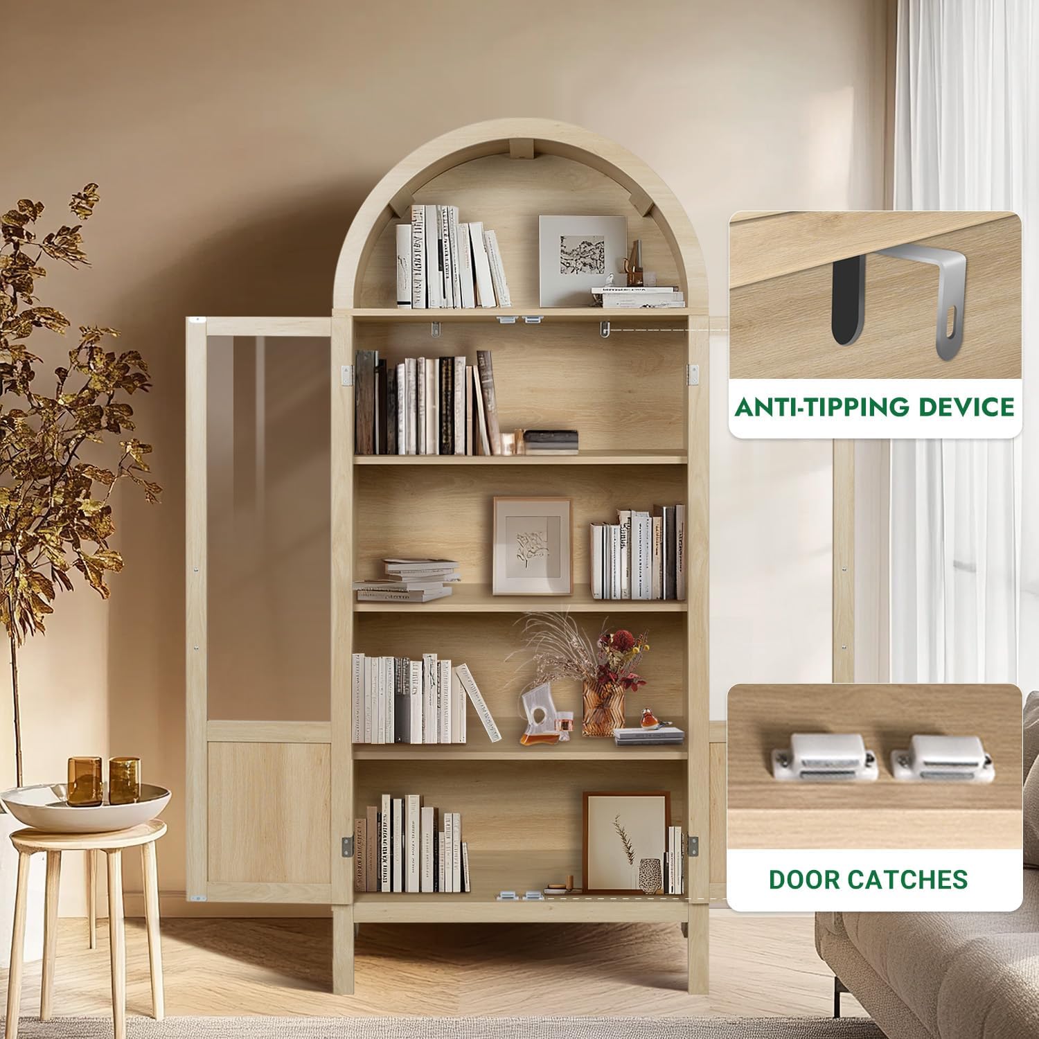 Arched Storage Cabinet with 2 Doors and 5-Tier Shelves for Living Room, 71" Tall Wooden Pantry Cabinet for Dining Room and Kitchen, Floor Bathroom Organizer, Natural Wood Color