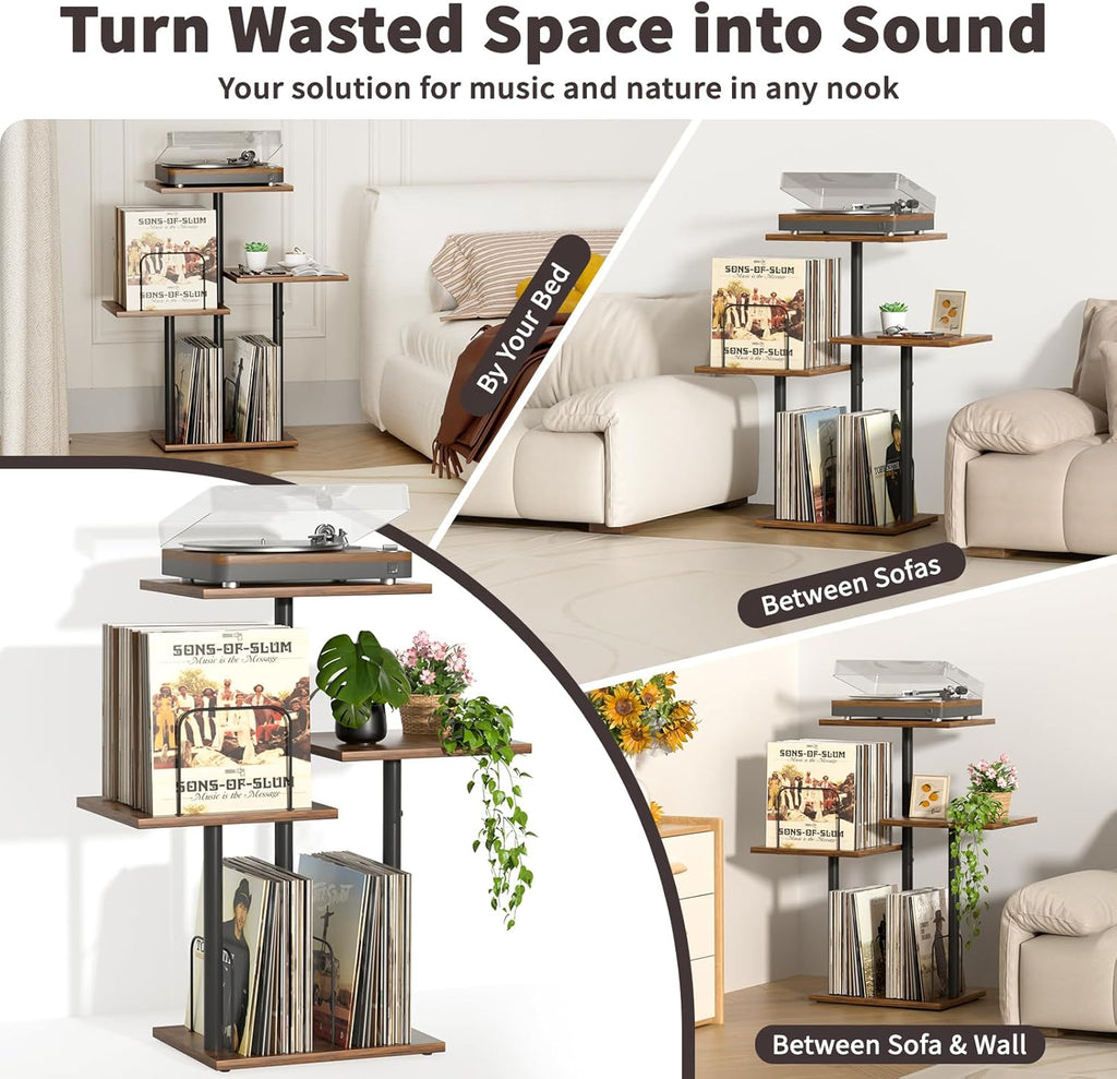 Bikoney Botanical Record Player Stand,Vinyl Record Storage Holder with Plant Stand, Vintage Turntable Stand Table with Record Album Display Shelf,Unique Record Console Cabinet,Mid Century Modern Wood
