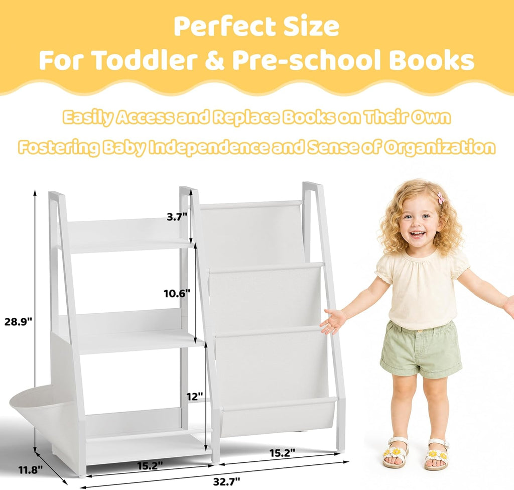 Kids Bookshelf and Toy Storage Organizer, 3-Tier Metal Toddler Bookcase with Deep Pockets, 2-in-1 Freestanding Nursery Bookshelf for Playroom, 29.53" D x 11.81" W x 32.68" H, White