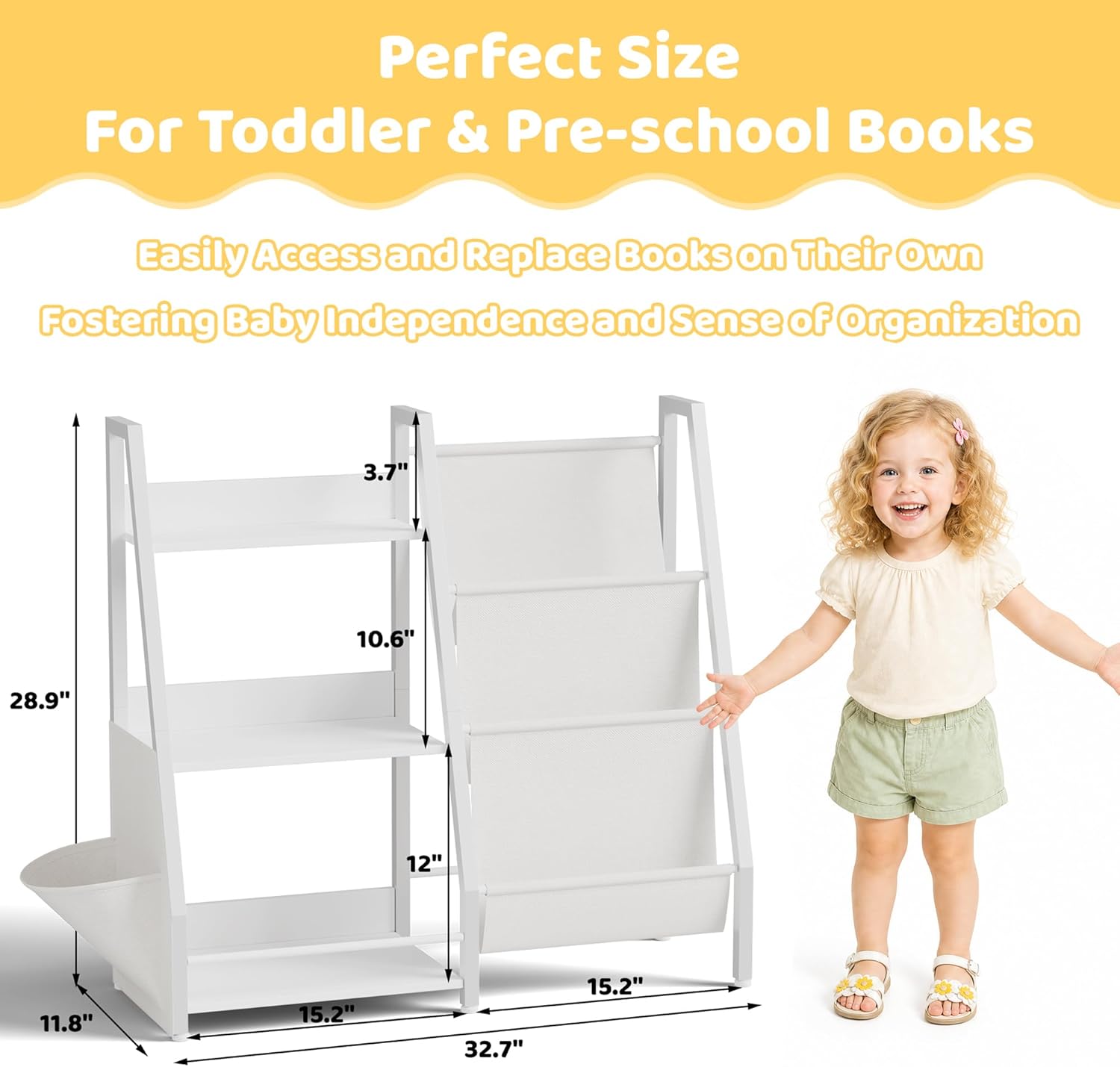 Kids Bookshelf and Toy Storage Organizer, 3-Tier Metal Toddler Bookcase with Deep Pockets, 2-in-1 Freestanding Nursery Bookshelf for Playroom, 29.53" D x 11.81" W x 32.68" H, White