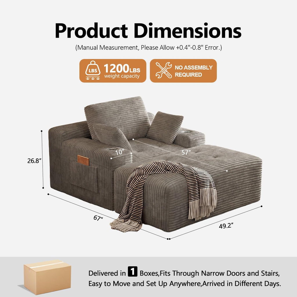 67" Oversized Chaise Lounge Chair Indoor, Corduroy Upholstered Boneless Sofa Bed, Modern Deep Seat Cloud Sleeper Couch Reading Chair for Living Room, No Assembly Required, Khaki