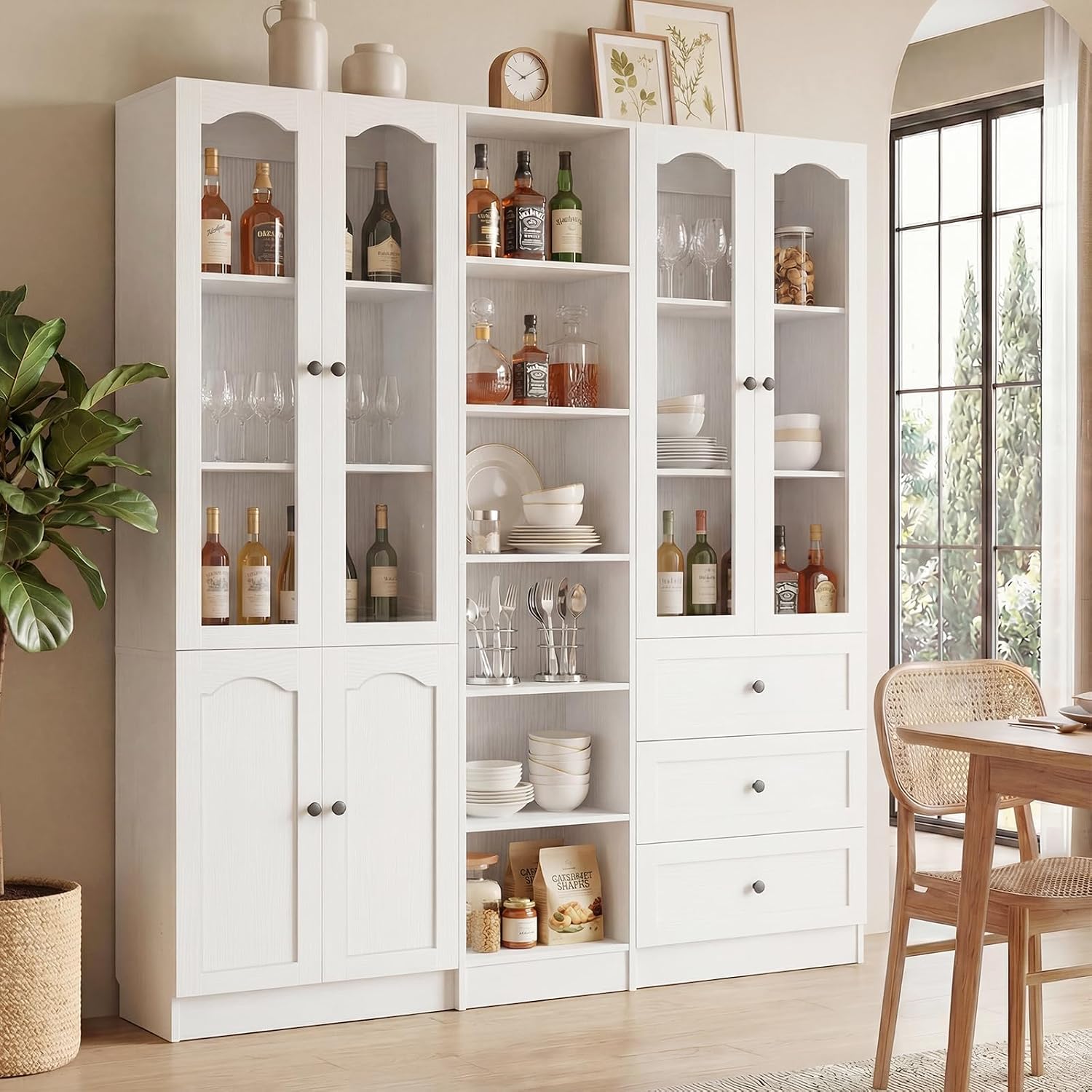 Cyclysio 80" Tall 3-Piece Pantry Cabinet Set, Large Kitchen Storage Cabinet with Arched Glass Doors, 3 Drawers & Open Shelving, Flush-to-Wall Bookshelf with Baseboard Cutout for Living Room, White