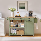 ONBRILL 56" Kitchen Island with Drop Leaf, Rolling Kitchen Cart with Trash Cabinet, Power Outlet, 2-Tier Open Shelves, 3 Drawers, Spice & Paper Towel Racks, 6 Wheels (4 Locking) for Dining Room, Green