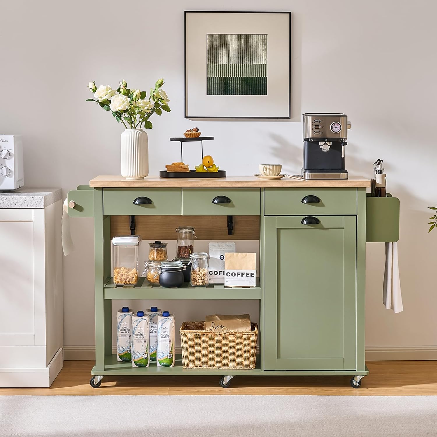 ONBRILL 56" Kitchen Island with Drop Leaf, Rolling Kitchen Cart with Trash Cabinet, Power Outlet, 2-Tier Open Shelves, 3 Drawers, Spice & Paper Towel Racks, 6 Wheels (4 Locking) for Dining Room, Green