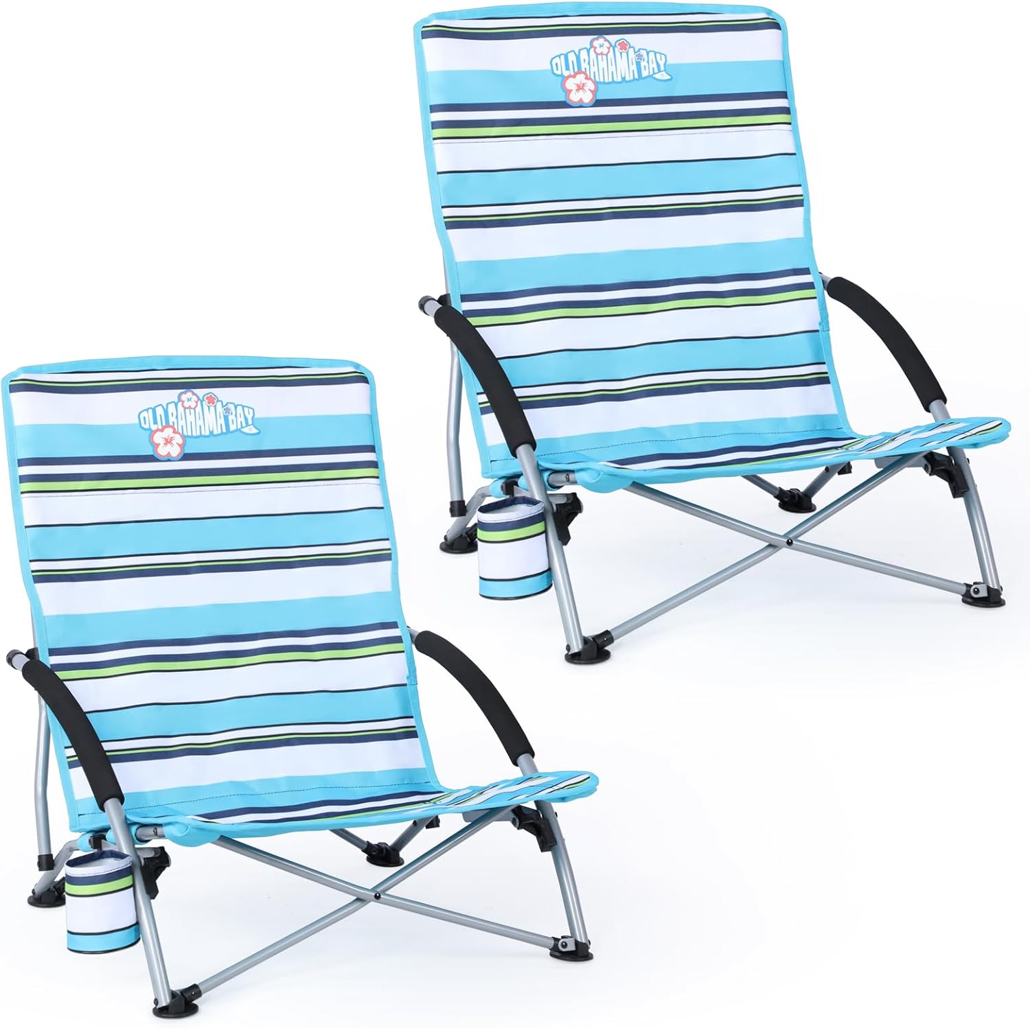 Old Bahama Bay 2 Pack Ergonomic Low Beach Chair for Back Support – Heavy Duty 350lbs Folding Sand Chair, Cup Holder & Carry Bag – Lightweight Portable Seat for Beach, Camping, Concerts,Stripe Design