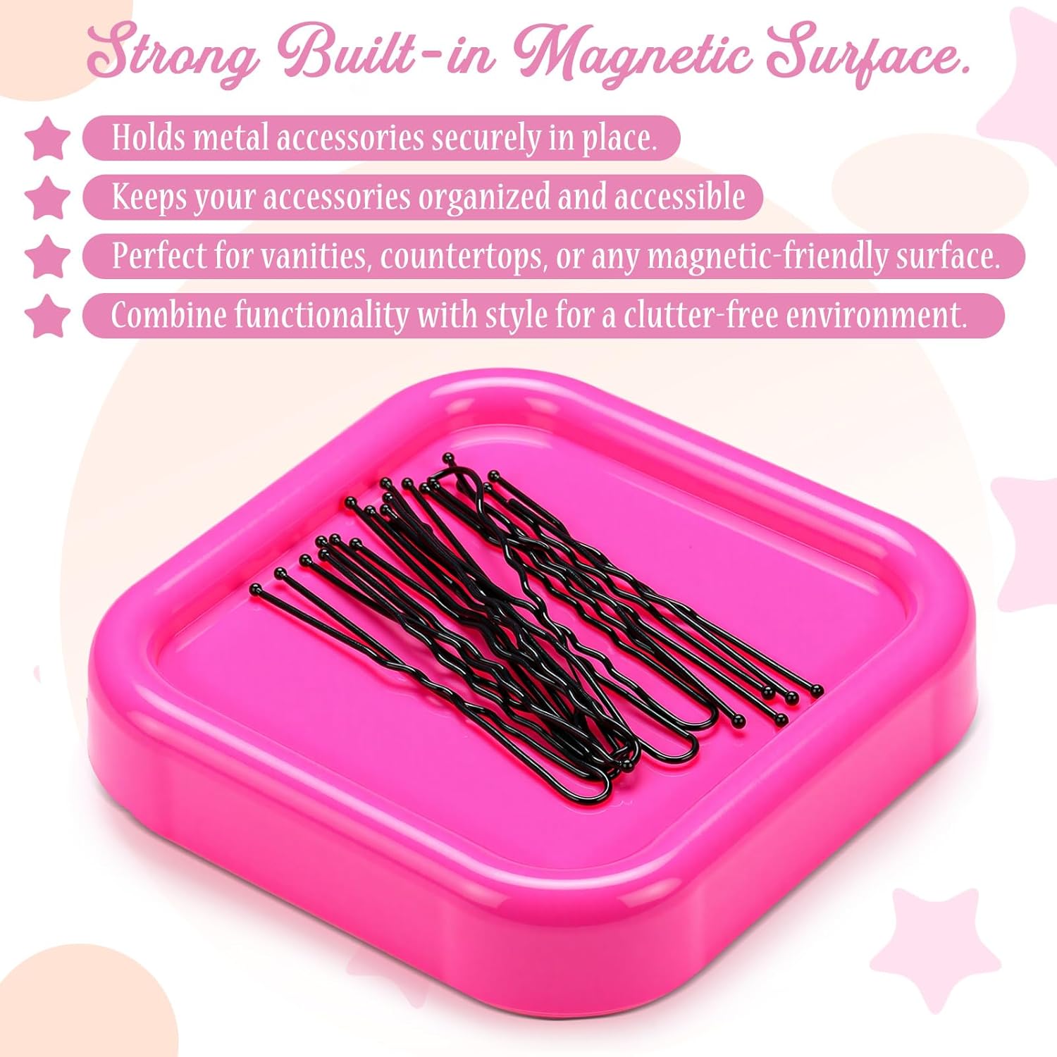 Tellegloww 1 Pcs Magnetic Bobby Pin Holder Square Paper Clip Holder Magnetic Hairpin Storage Box Sewing Pincushion Hair Clip Collector for Desk Vanity Sewing DIY Project (Pink)
