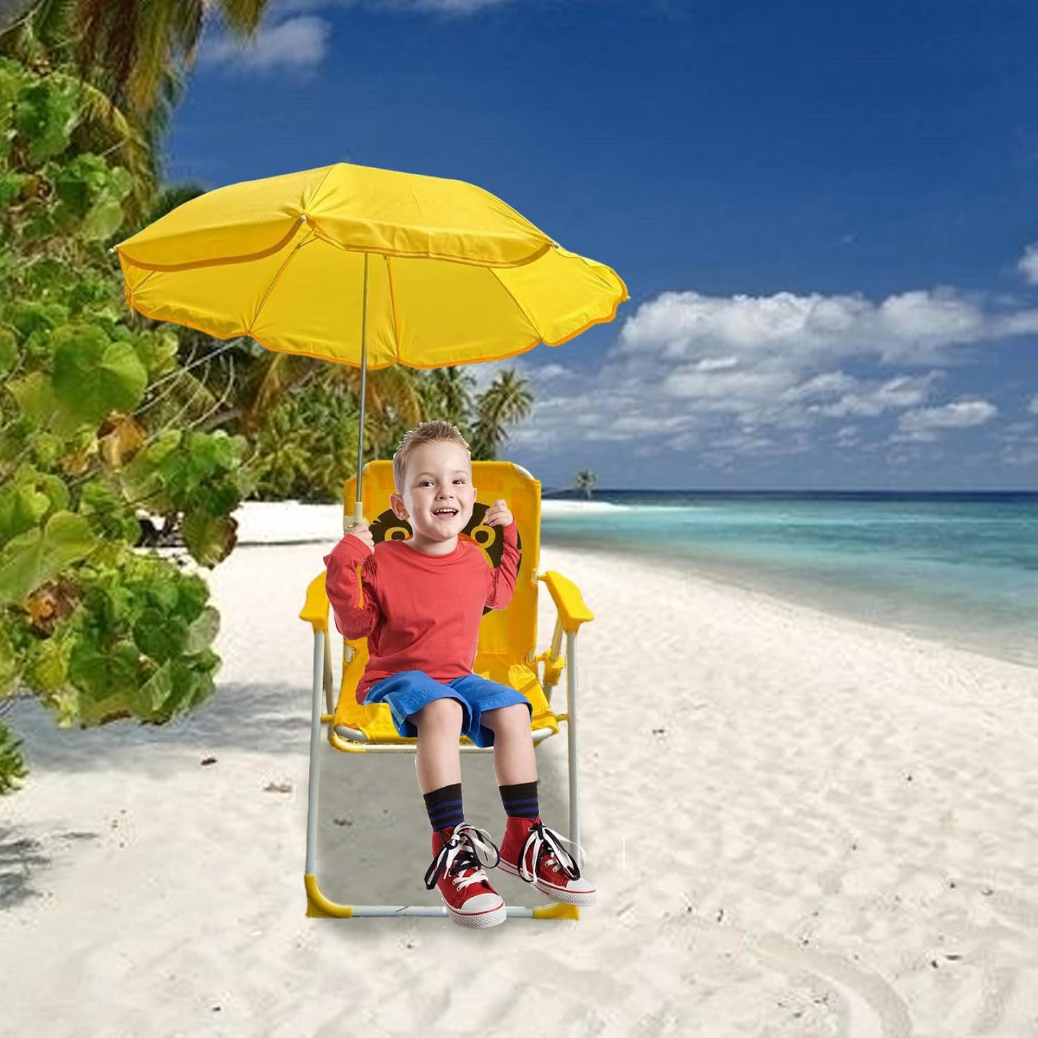 Kids Beach Chair with Umbrella, Foldable & Detachable Portable Oxford Cloth Cute Kids Beach Chair with Canopy for Outdoor Summer, YellowBeach with Canopy Shade