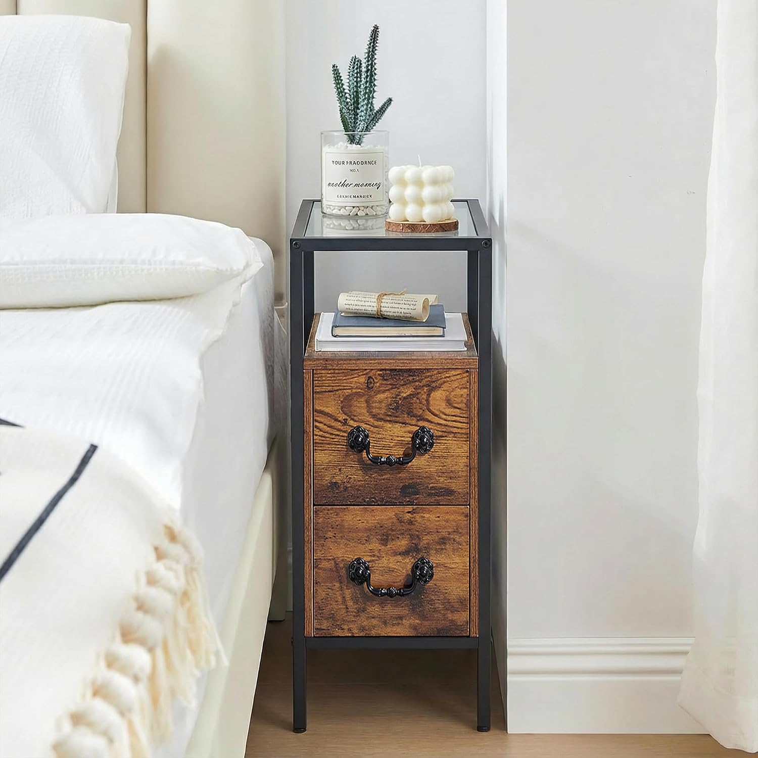 VECELO Narrow Side Table Set of 2, Night Stand Sofa Table with Glass Top,Bedside End Tables with Storage Drawers,Wood Nightstand for Small Spaces Living Room Bedroom,Brown