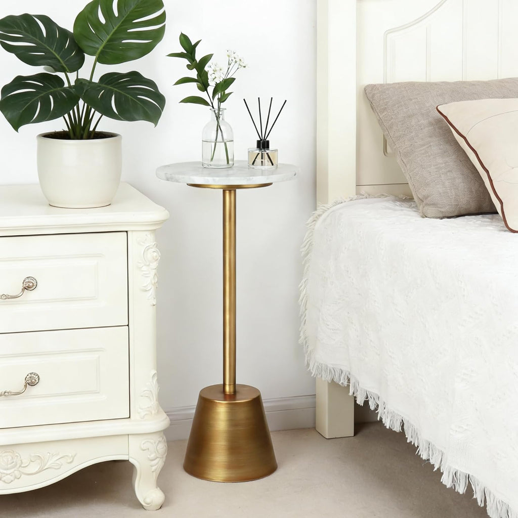 White Marble Pedestal Side Table, Round Accent End Table with Metal Base for Couch, Small Drink Tables for Small Spaces, Vintage Antique Gold Cocktail Martini Table for Living Room