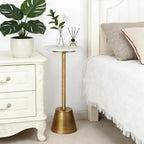 White Marble Pedestal Side Table, Round Accent End Table with Metal Base for Couch, Small Drink Tables for Small Spaces, Vintage Antique Gold Cocktail Martini Table for Living Room