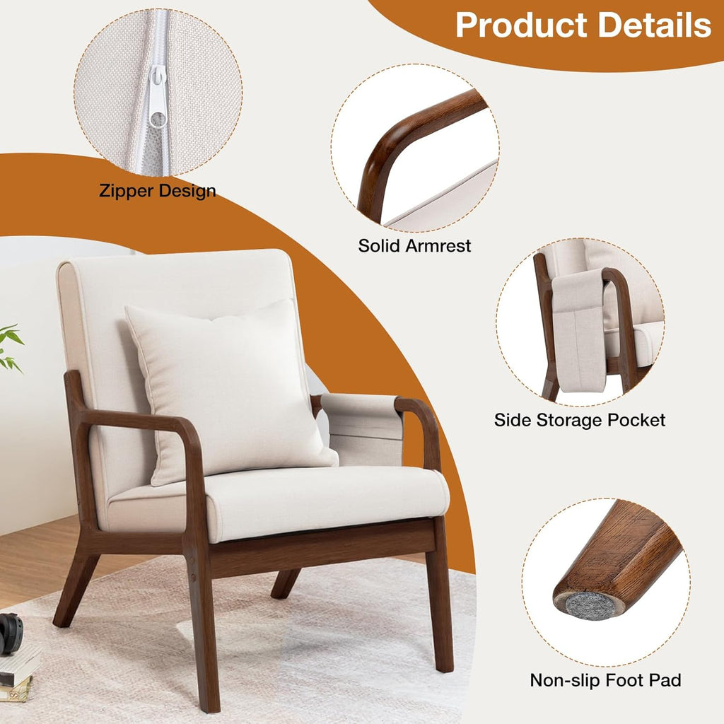 HOMMPA Mid-Century Modern Accent Chair Set of 2, Comfy Reading Armchair with Solid Wood Frame & Lumbar Pillow, Upholstered Linen Lounge Chair with Side Pocket for Living Room, Bedroom,Balcony(Beige)