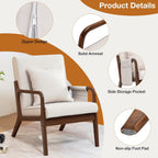 HOMMPA Mid-Century Modern Accent Chair Set of 2, Comfy Reading Armchair with Solid Wood Frame & Lumbar Pillow, Upholstered Linen Lounge Chair with Side Pocket for Living Room, Bedroom,Balcony(Beige)