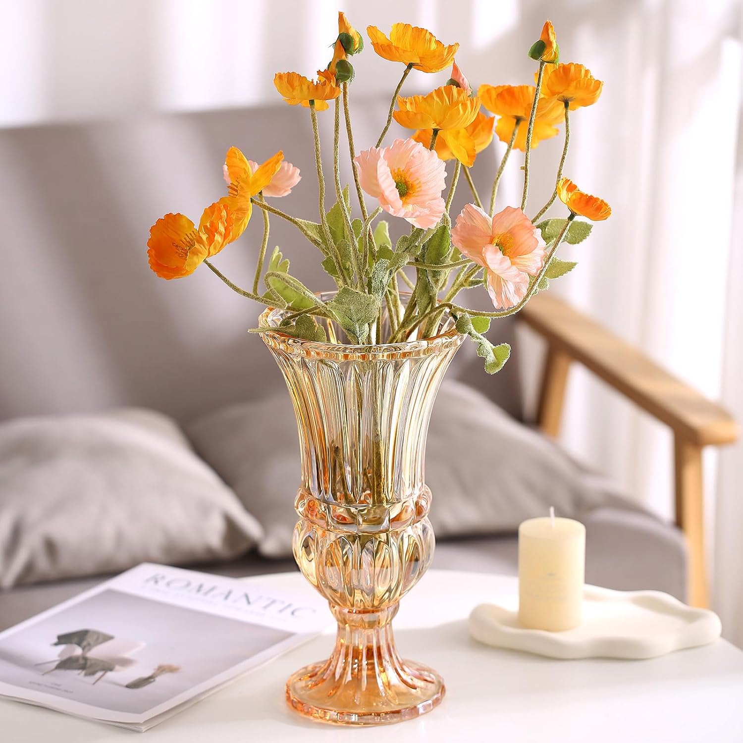 11.6" High Amber Glass Vase, Art Plant Flower Vase. Decorative for Home Office Wedding Holiday Party Celebrate Centerpiece Decor