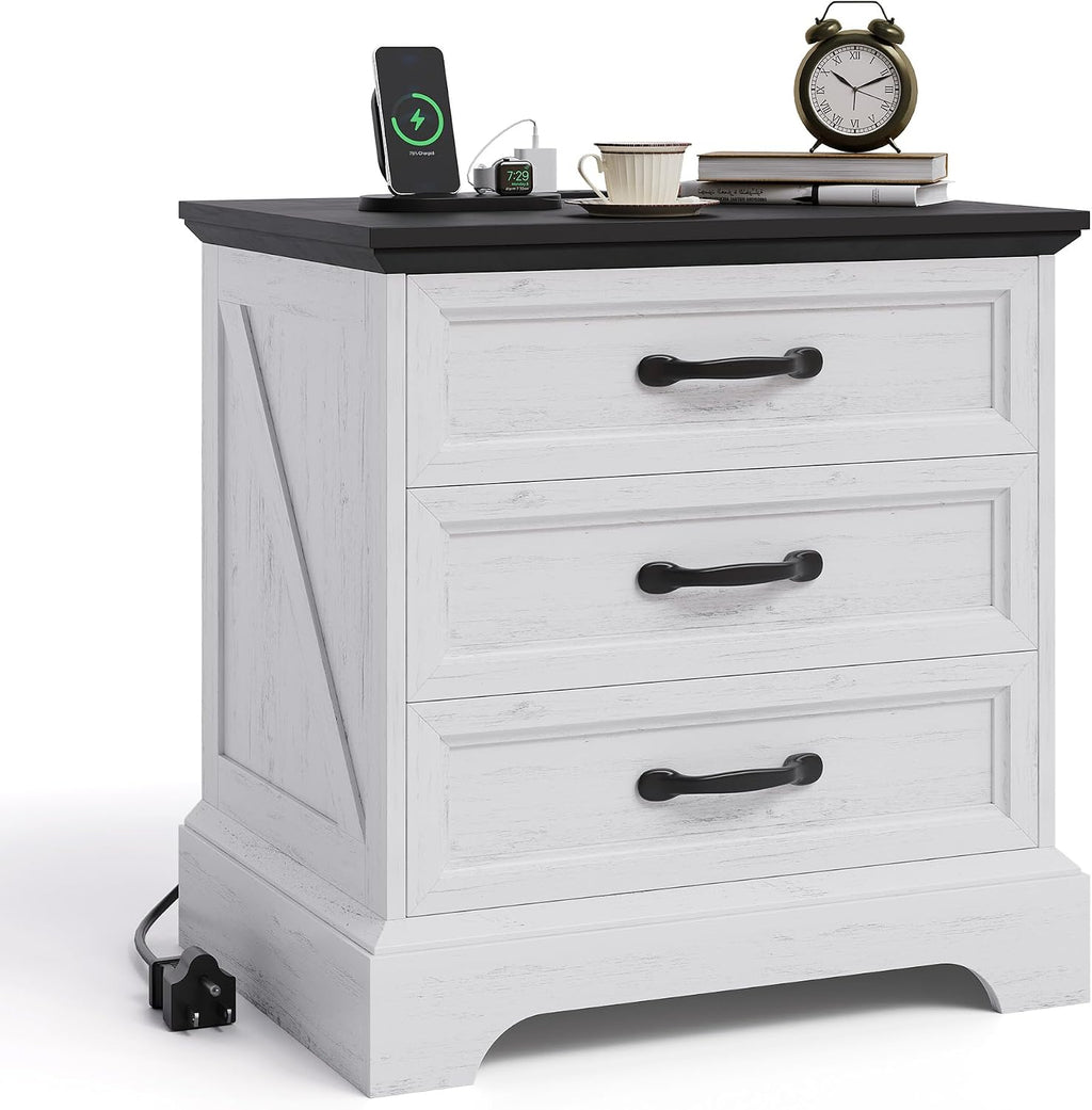 Garvee Modern Farmhouse Nightstand with Charging Station & 3 Large Drawers, Rustic 24.8 Inch Wide End Side Table Retro Wood Big Nightstand Beside Table for Living Room Bedroom, White