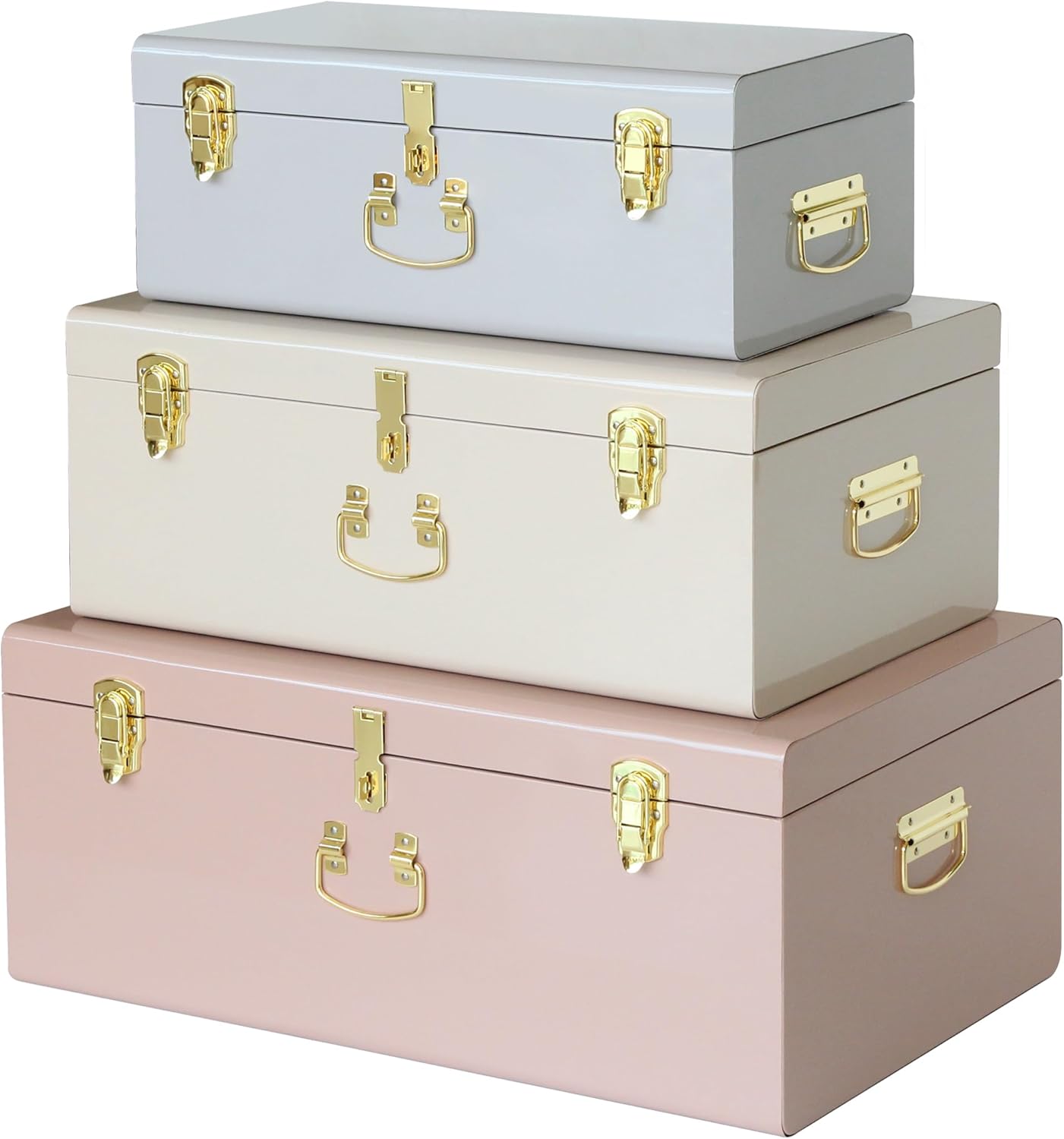 Vixdonos Decorative Box Set of 3 Metal Trunks Chest with Safety Lock Clasp for Treasure Organization and Home Dorm Decor,26.8x16.5x11Inches