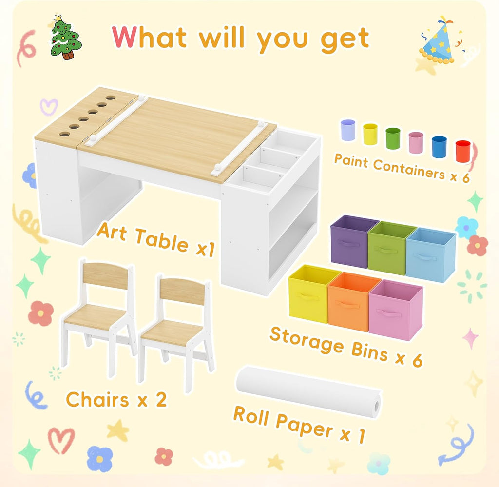 Kids Art Table and 2 Chairs Set, Wooden Craft Desk with 2 Storage Shelves, 6 Storage Bins & Paper Roll for Drawing, Learning and Reading, Toddler Activity Play Desk for Home, 47 L x23 W