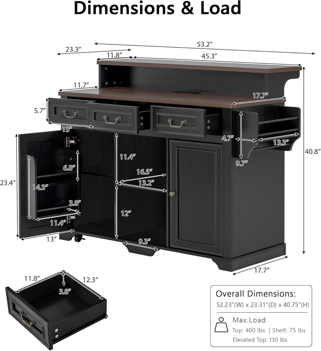 Merax 53.2" Two-Tier Kitchen Island with Storage, Farmhouse Kitchen Island with Power Outlet, 4 Door Shelves, Adjustable Shelves, 3 Drawers, Rolling Island Table, Bar Cabinet for Kitchen, Ash Black