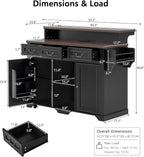 Merax 53.2" Two-Tier Kitchen Island with Storage, Farmhouse Kitchen Island with Power Outlet, 4 Door Shelves, Adjustable Shelves, 3 Drawers, Rolling Island Table, Bar Cabinet for Kitchen, Ash Black