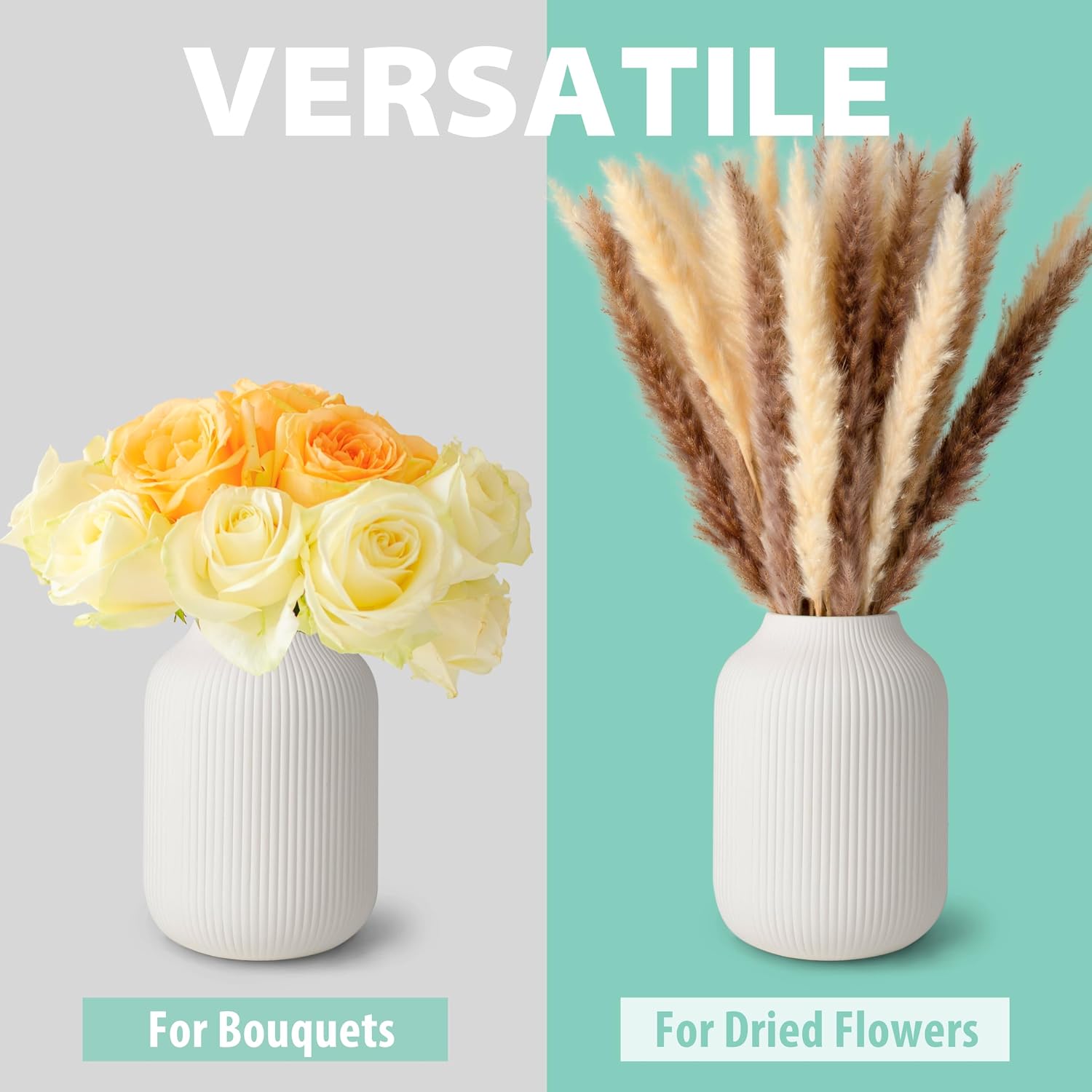 flature Ceramic Vase with Grooves - Waterproof Flower Vase in Matte White for Fresh Flowers, Dried Flowers, Pampas Grass, Large 7.9" Tall Vase as a Gift, Decoration for Living Room, Bedroom, Office.