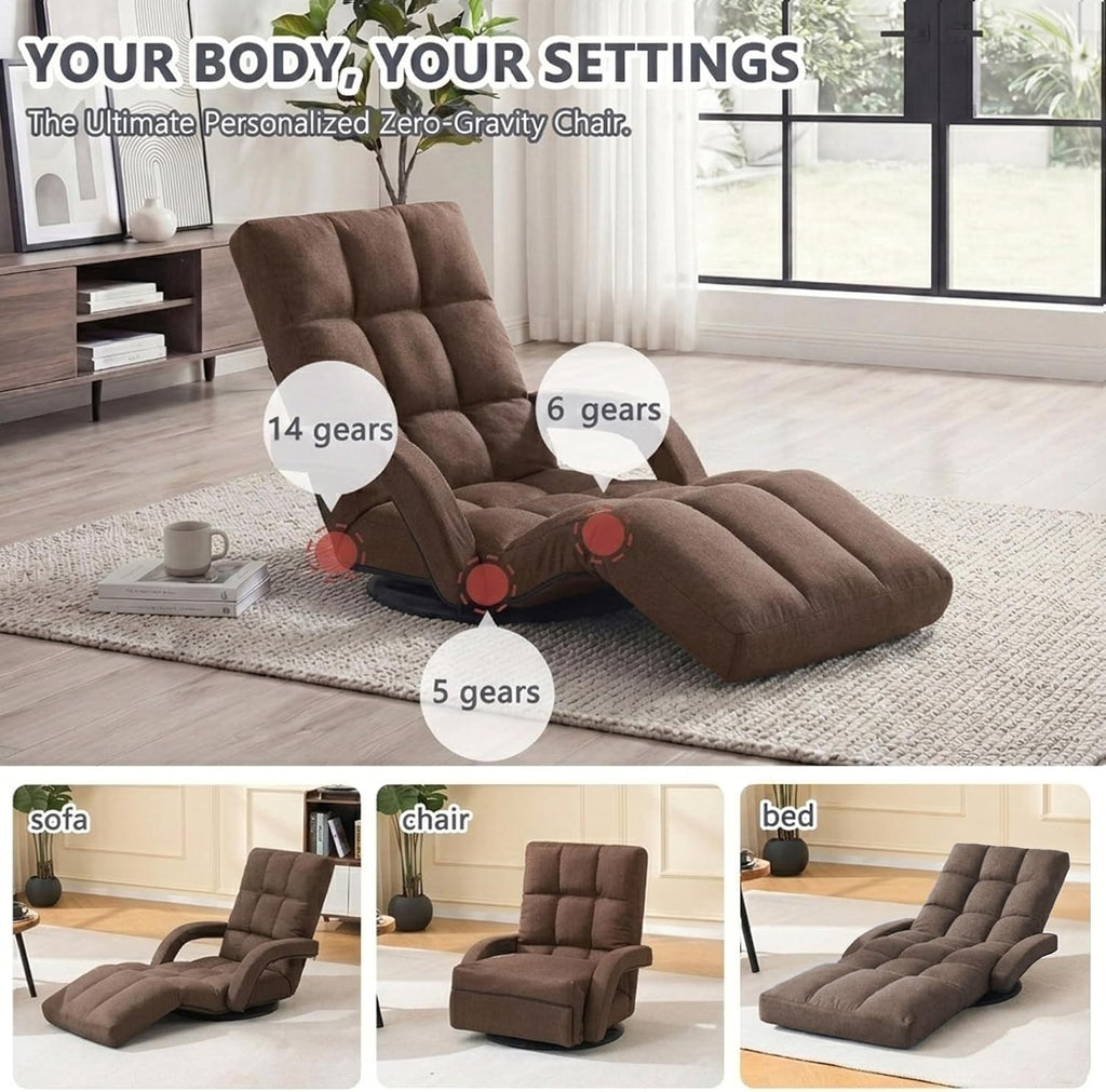 360° Swivel Floor Gaming Chair with Adjustable Footrest, 14-Position Folding Floor Lounger Sofa with Armrests, Reclining Floor Chair for Adults, Reading, Gaming & Relaxing (Brown)