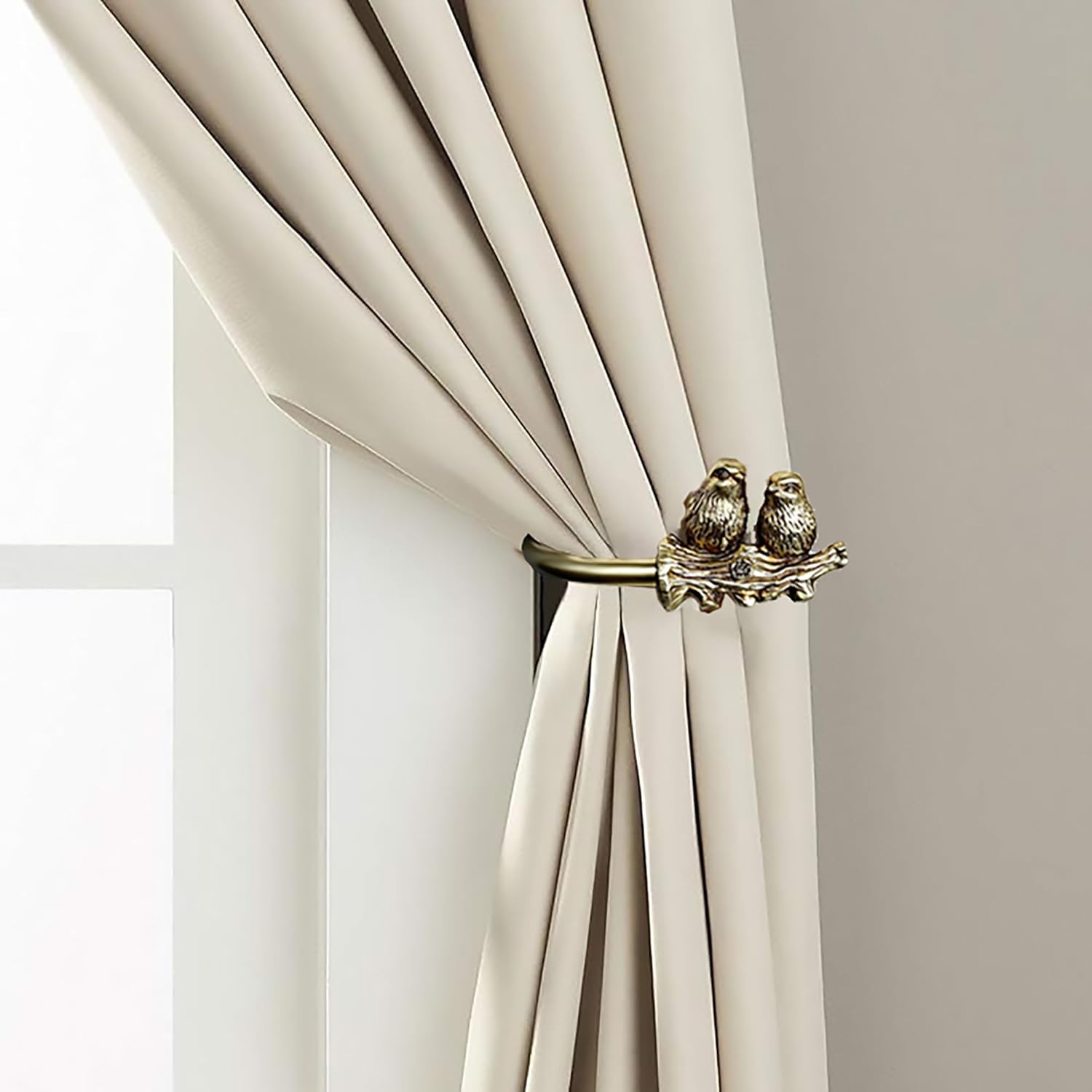 Curtain Drapery Holdbacks, Gold Drapery Hooks Holders with Twin Birds Finials, Drywall Mount, Set of 2
